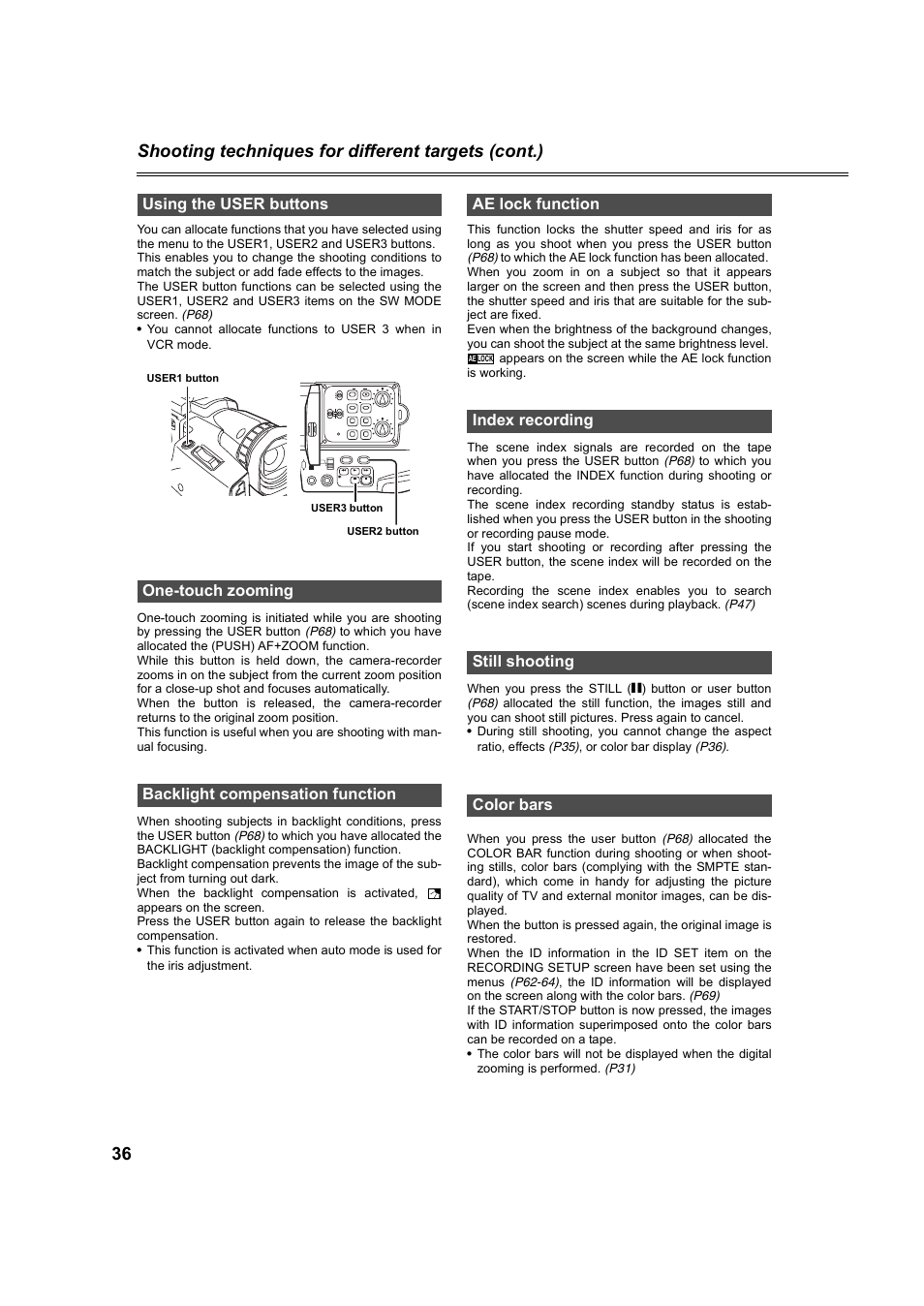 Using the user buttons, One-touch zooming, Backlight compensation function | Ae lock function, Index recording, Still shooting, Color bars, P36, 4 | Panasonic AG-DVC60P User Manual | Page 36 / 82