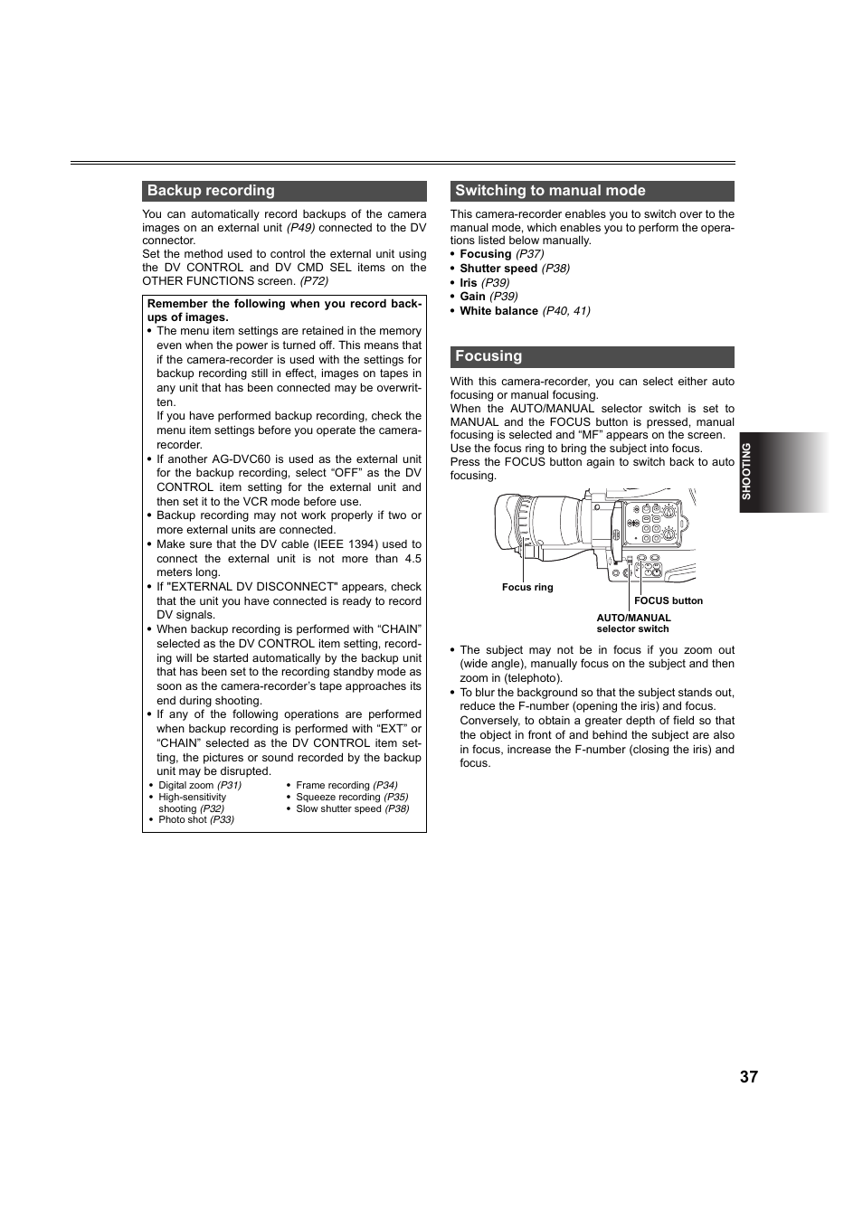Backup recording, Switching to manual mode, Focusing | P37), Switching to manual mode focusing, Sh ooting | Panasonic AG-DVC60P User Manual | Page 37 / 82