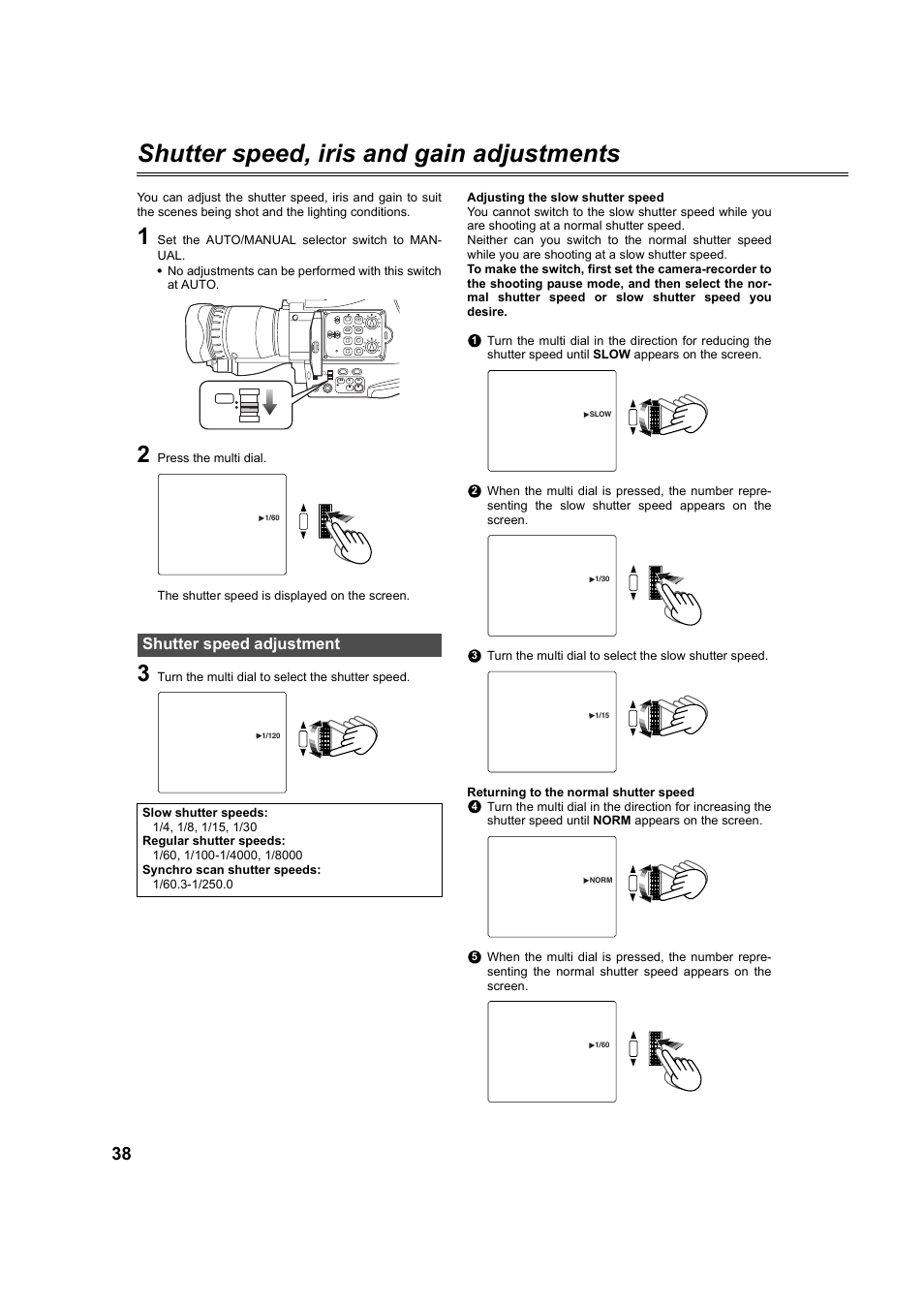 Shutter speed, iris and gain adjustments, Shutter speed adjustment, P38) | Panasonic AG-DVC60P User Manual | Page 38 / 82