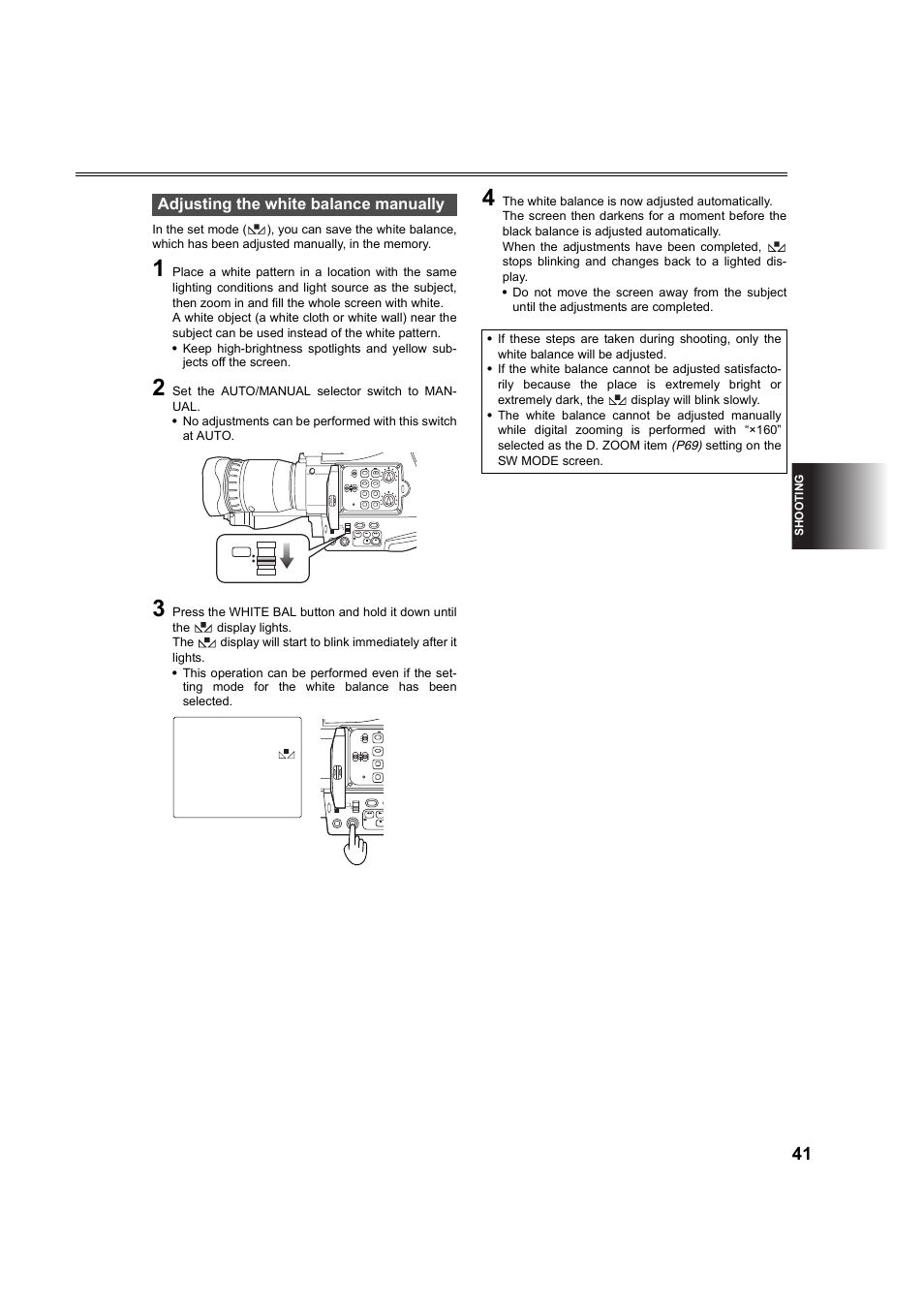 Adjusting the white balance manually, Sh ooting | Panasonic AG-DVC60P User Manual | Page 41 / 82