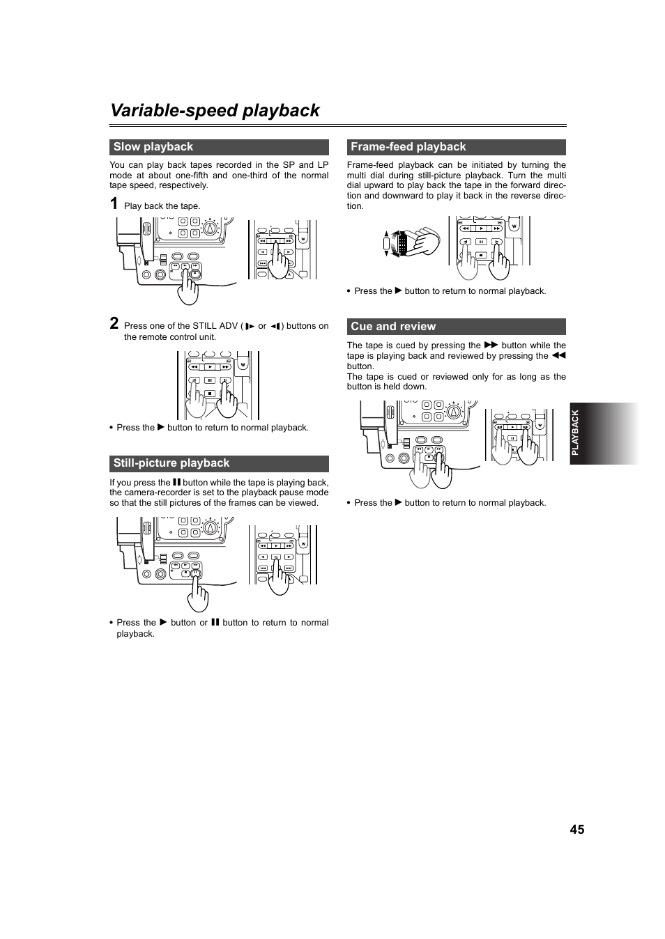 Variable-speed playback, Slow playback, Still-picture playback | Frame-feed playback, Cue and review, Slow playback still-picture playback, Frame-feed playback cue and review, Play back the tape, Pla y back | Panasonic AG-DVC60P User Manual | Page 45 / 82