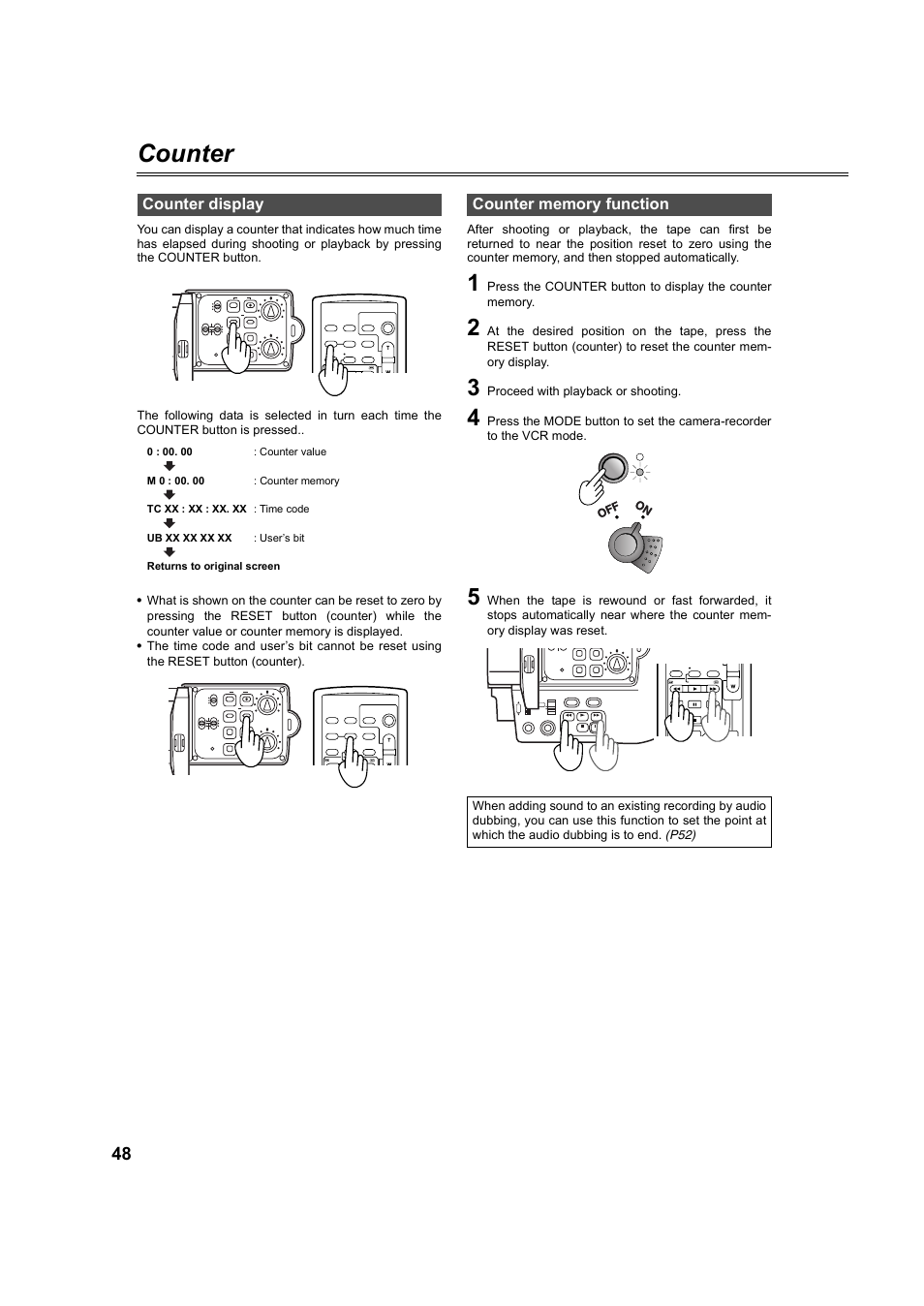 Counter, Counter display, Counter memory function | P48), Proceed with playback or shooting, Lcc lk lcc lk cam vcr | Panasonic AG-DVC60P User Manual | Page 48 / 82