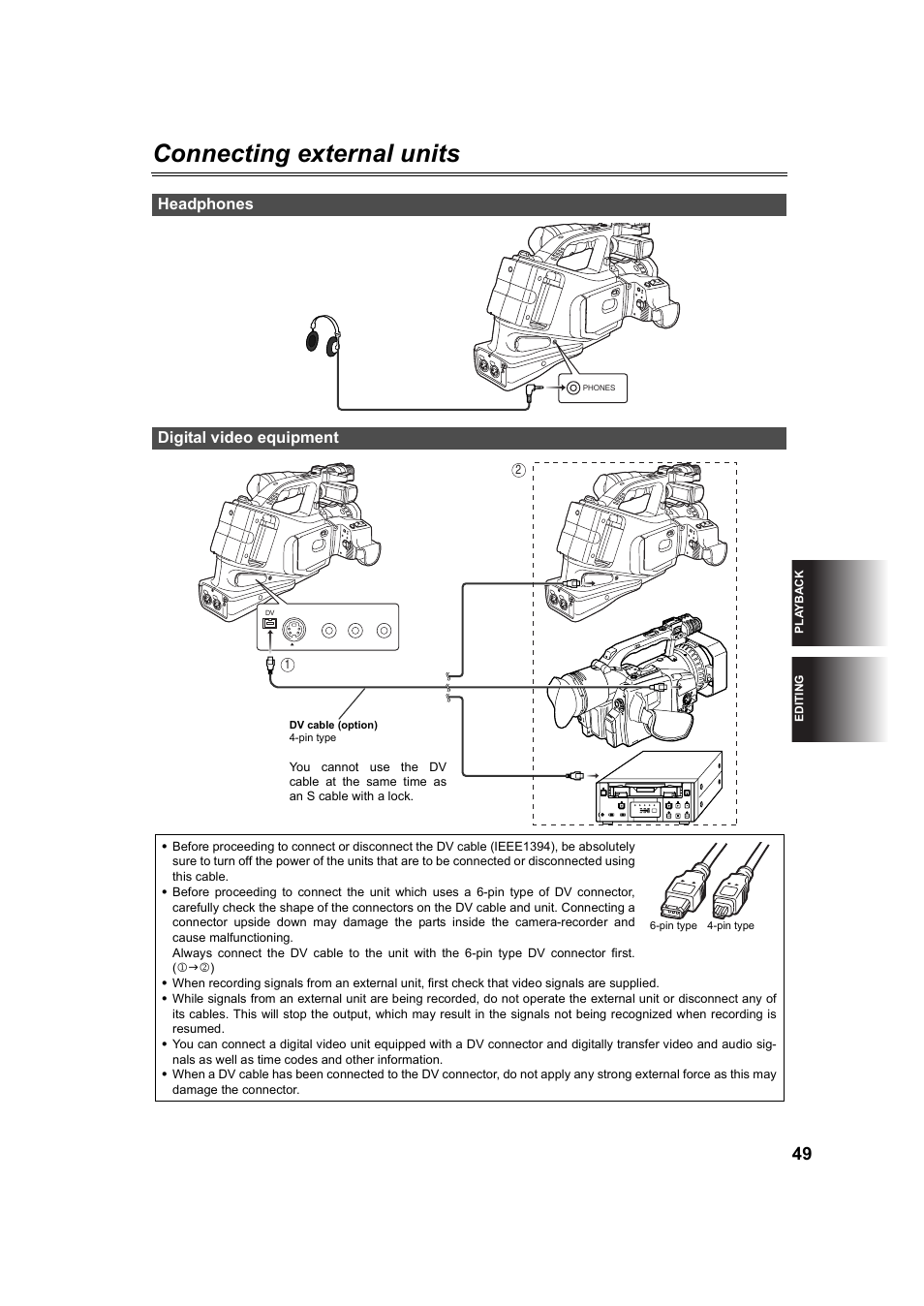 Connecting external units, Headphones, Digital video equipment | P49), Headphones digital video equipment | Panasonic AG-DVC60P User Manual | Page 49 / 82