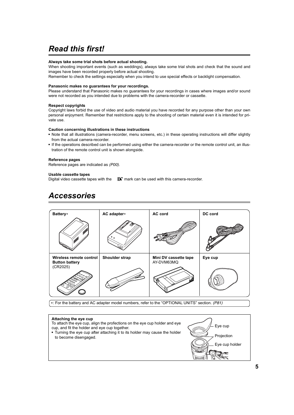 Read this first, Accessories | Panasonic AG-DVC60P User Manual | Page 5 / 82