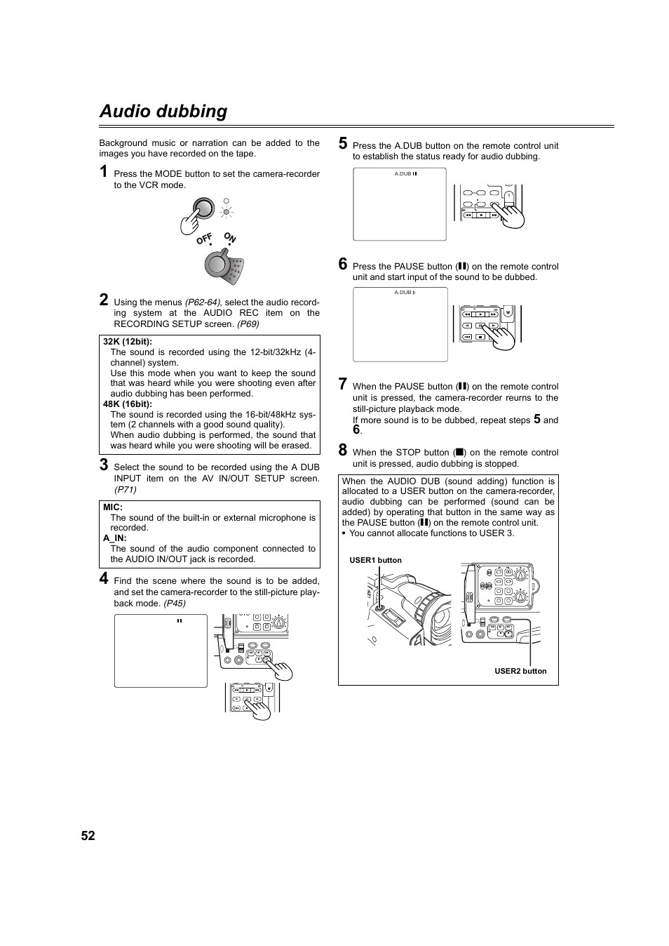 Audio dubbing, P52), Lcc lk lcc lk cam vcr | User1 button user2 button | Panasonic AG-DVC60P User Manual | Page 52 / 82