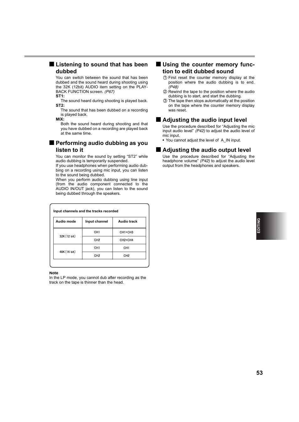 53 g listening to sound that has been dubbed, G performing audio dubbing as you listen to it, G adjusting the audio input level | G adjusting the audio output level | Panasonic AG-DVC60P User Manual | Page 53 / 82