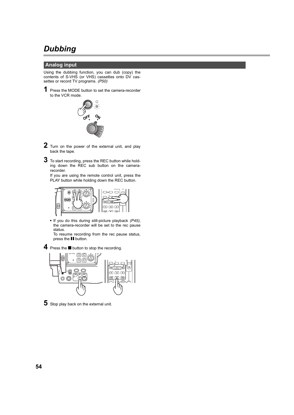 Dubbing, Analog input, P54, 56) | Press the g button to stop the recording, Stop play back on the external unit, Lcc lk lcc lk cam vcr | Panasonic AG-DVC60P User Manual | Page 54 / 82