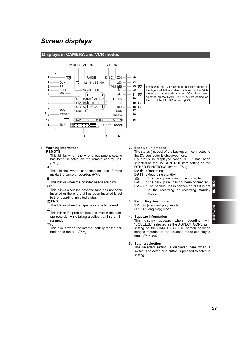 Screen displays, Displays in camera and vcr modes | Panasonic AG-DVC60P User Manual | Page 57 / 82