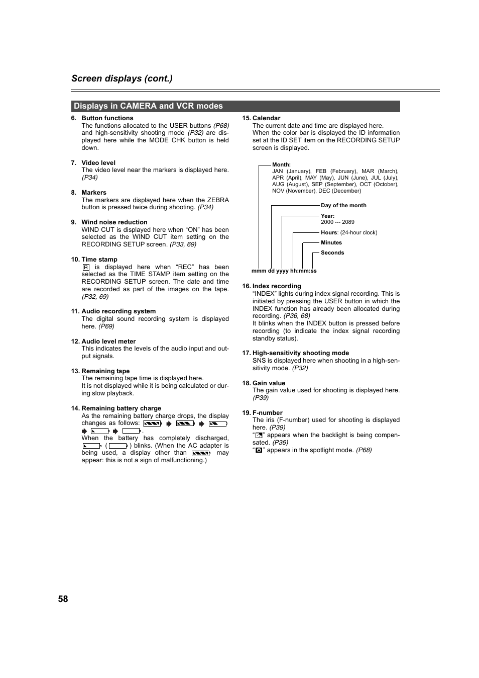 Displays in camera and vcr modes, 58 screen displays (cont.) | Panasonic AG-DVC60P User Manual | Page 58 / 82