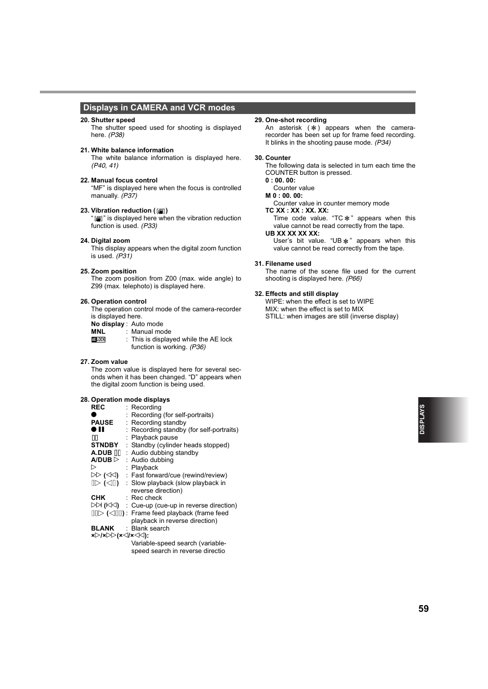 Displays in camera and vcr modes | Panasonic AG-DVC60P User Manual | Page 59 / 82