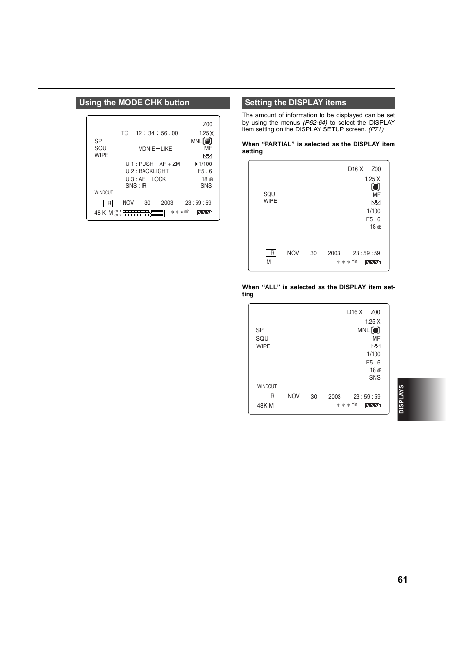 Using the mode chk button, Setting the display items, P61) | Panasonic AG-DVC60P User Manual | Page 61 / 82