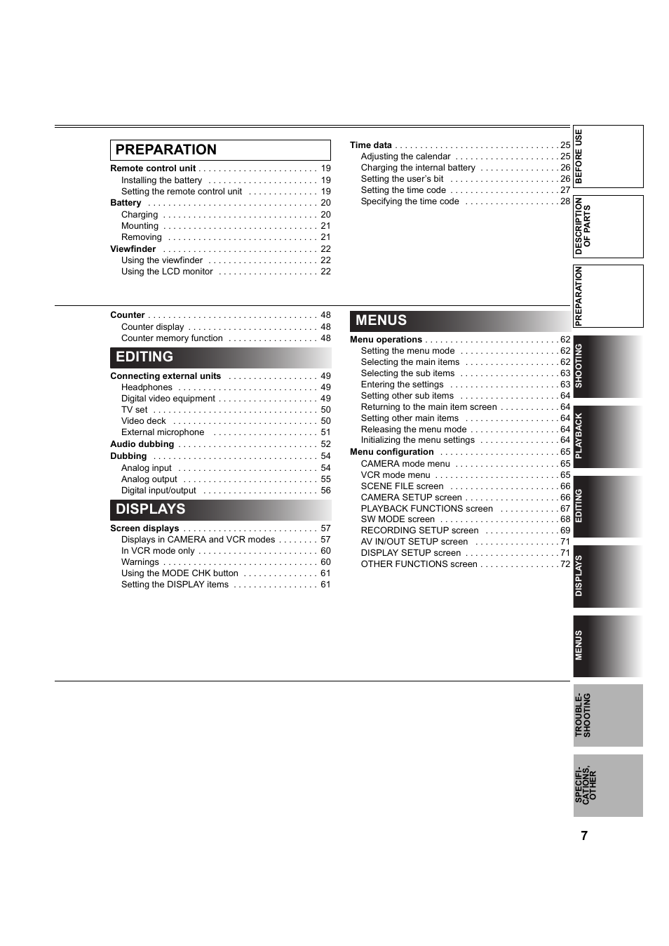 Preparation editing displays menus | Panasonic AG-DVC60P User Manual | Page 7 / 82