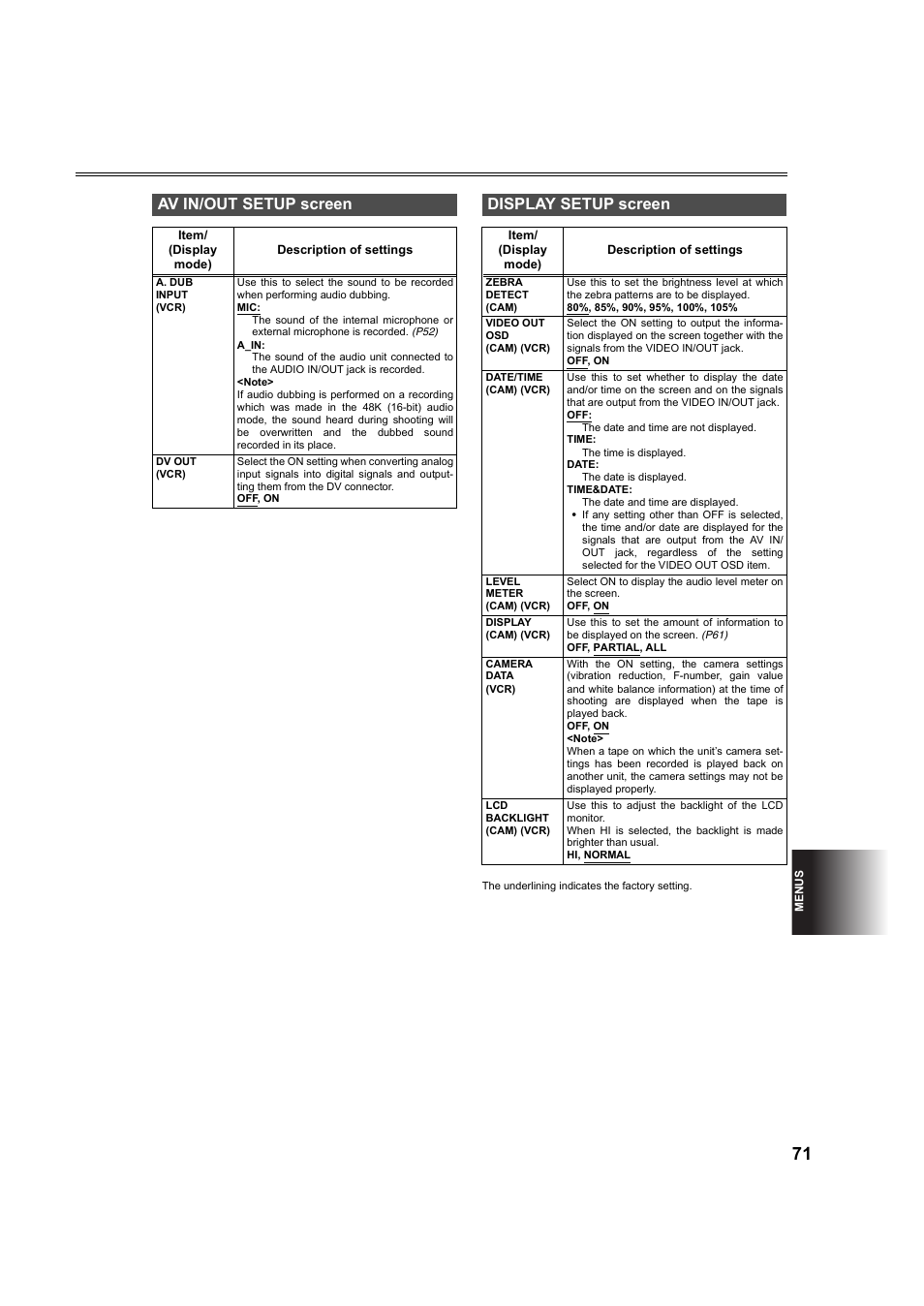 Av in/out setup screen, Display setup screen, P71) | Panasonic AG-DVC60P User Manual | Page 71 / 82