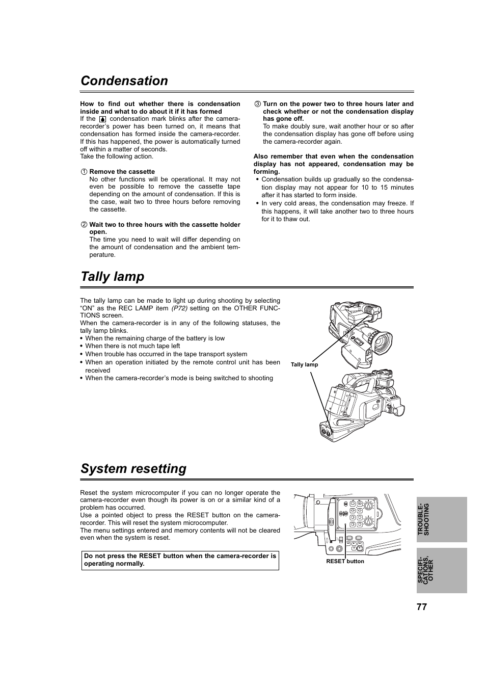 Condensation, Tally lamp, System resetting | P77), Tally lamp system resetting | Panasonic AG-DVC60P User Manual | Page 77 / 82