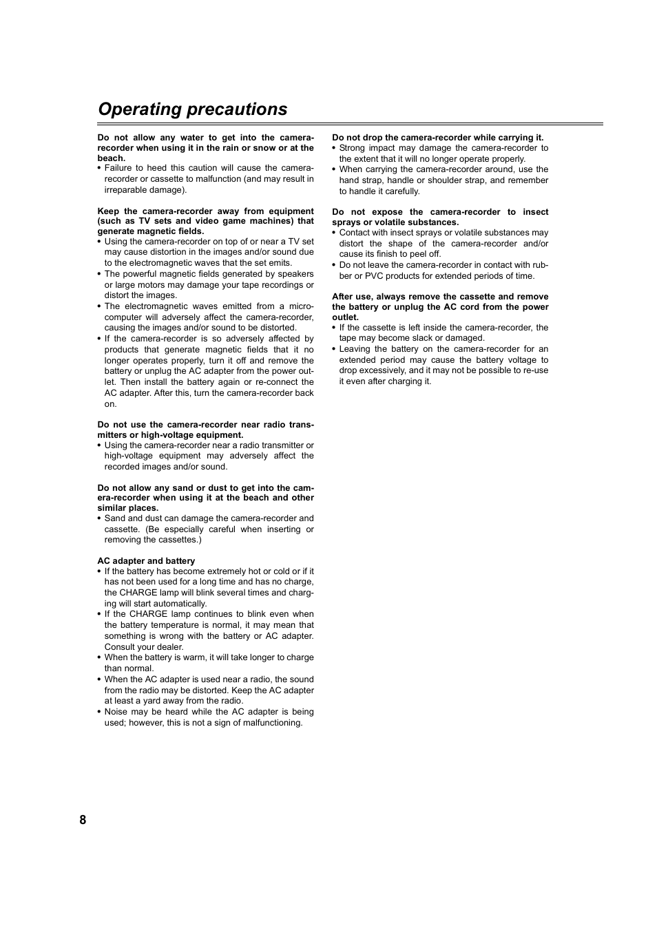 Operating precautions | Panasonic AG-DVC60P User Manual | Page 8 / 82