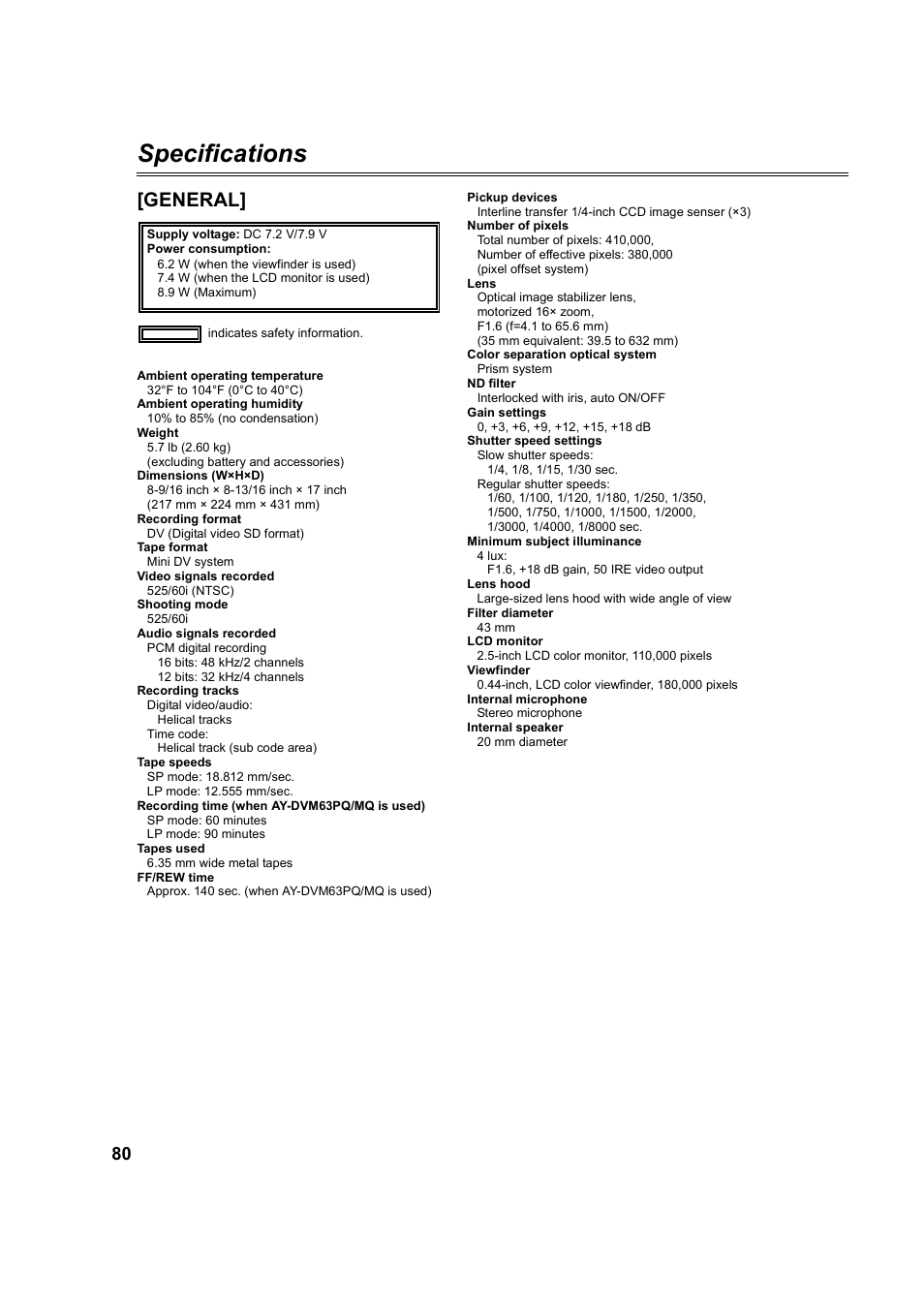 Specifications, General | Panasonic AG-DVC60P User Manual | Page 80 / 82