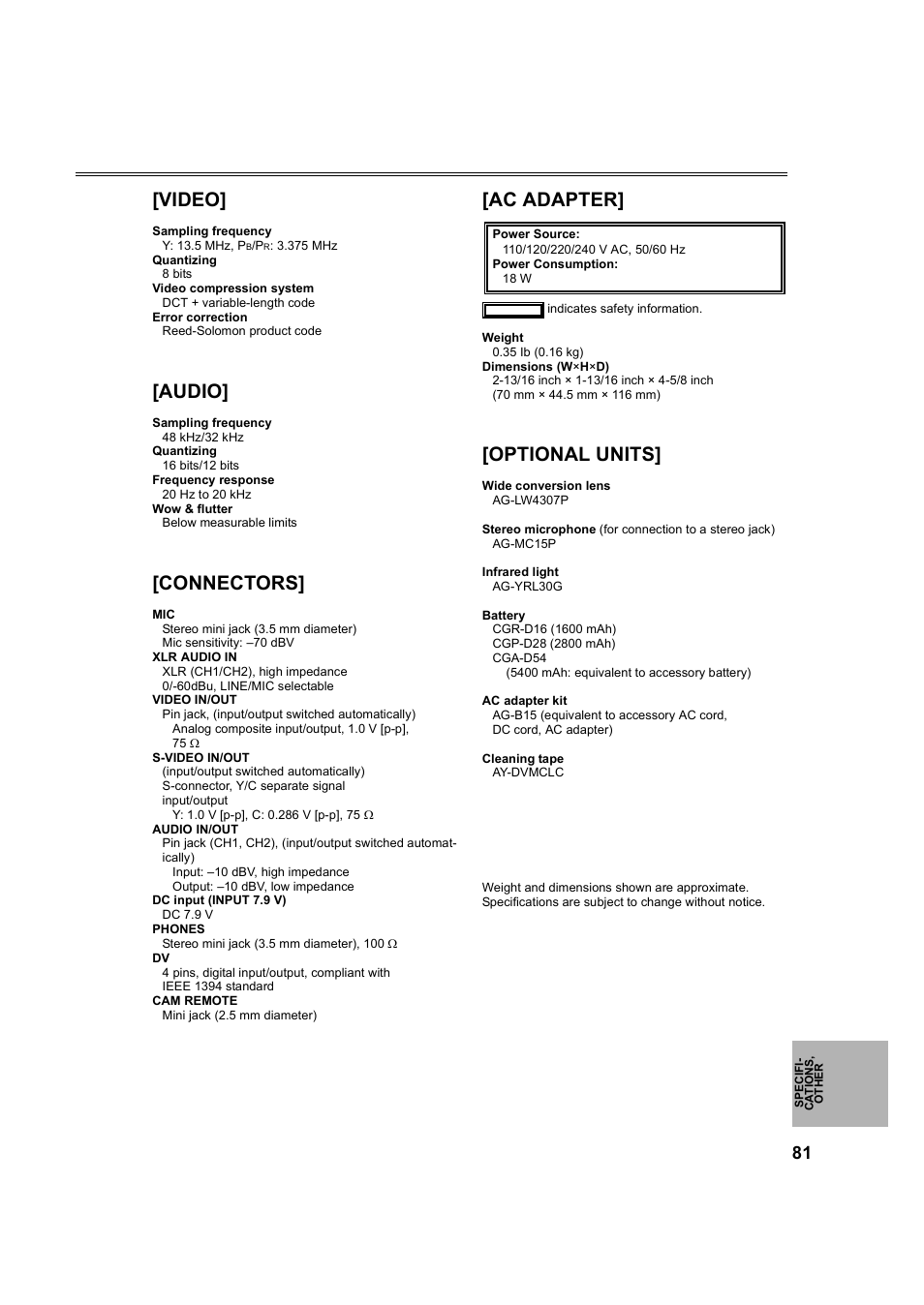 Video, Audio, Connectors | Ac adapter, Optional units | Panasonic AG-DVC60P User Manual | Page 81 / 82