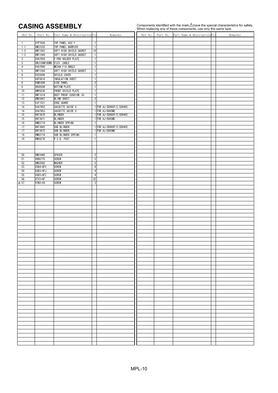 Casing assembly, Mpl-10 | Panasonic AJ-D965MC User Manual | Page 11 / 21