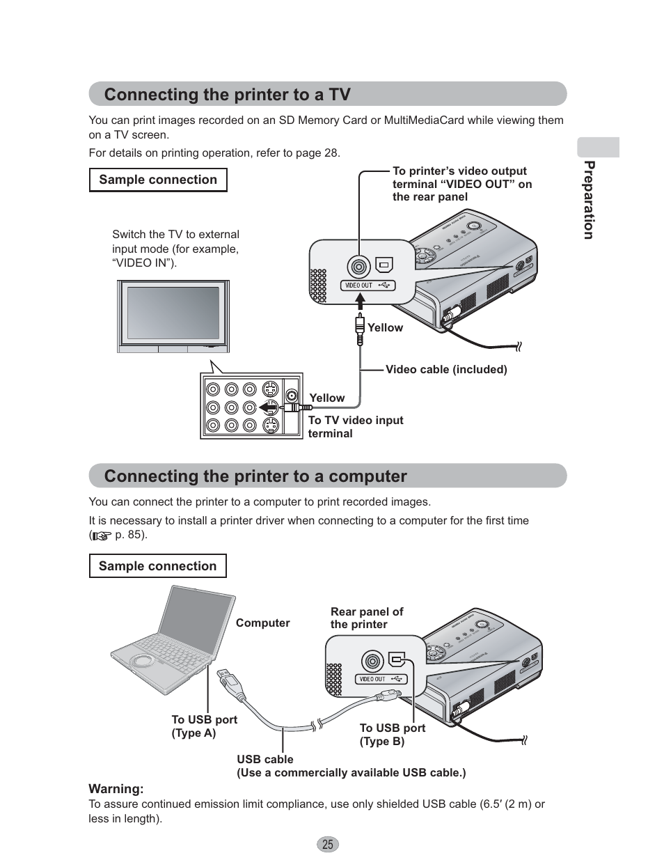Connecting the printer to a tv, Connecting the printer to a computer | Panasonic KX-PX10M User Manual | Page 25 / 112