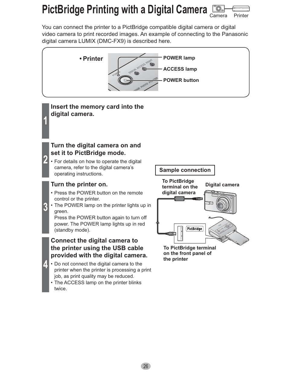 Printing, Pictbridge printing with a digital camera | Panasonic KX-PX10M User Manual | Page 26 / 112