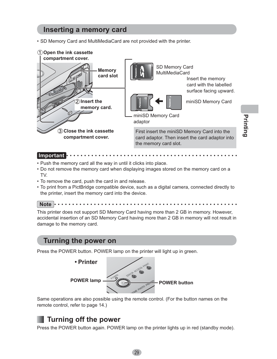 Turning the power on, Turning off the power | Panasonic KX-PX10M User Manual | Page 29 / 112