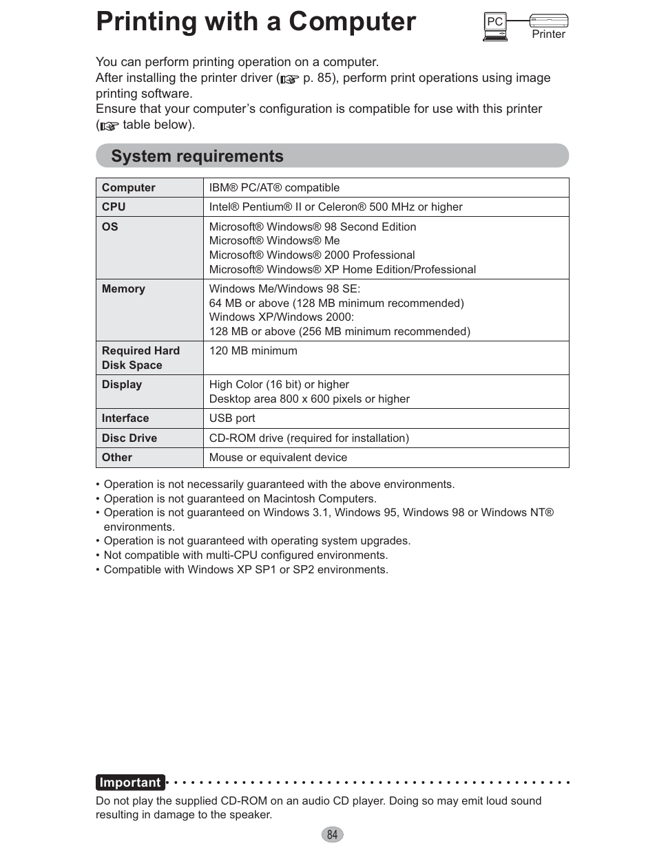With pc, Printing with a computer, System requirements | Panasonic KX-PX10M User Manual | Page 84 / 112