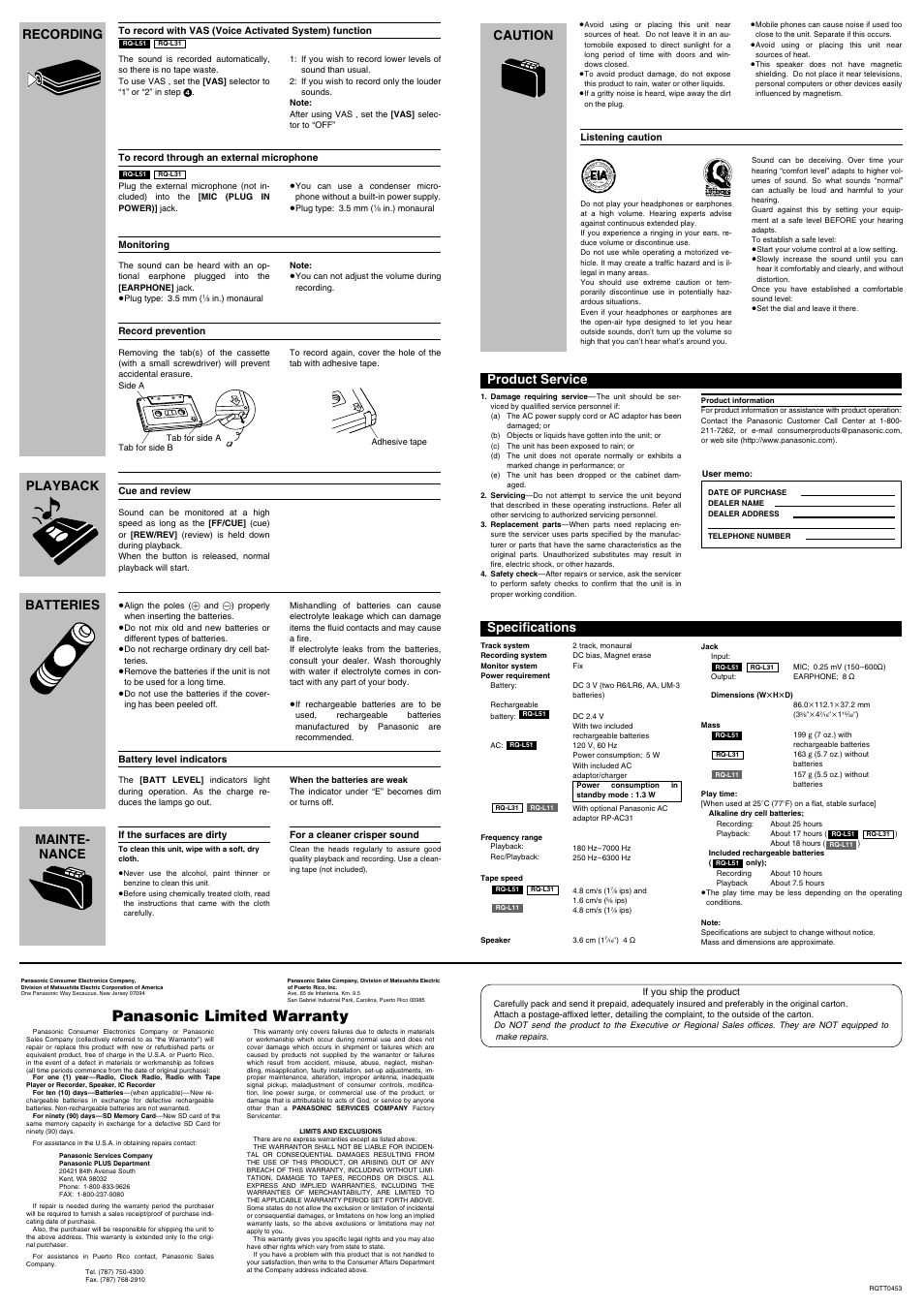 Panasonic limited warranty, Recording batteries mainte- nance playback, Specifications | Product service, Caution | Panasonic RQ-L11 User Manual | Page 2 / 2