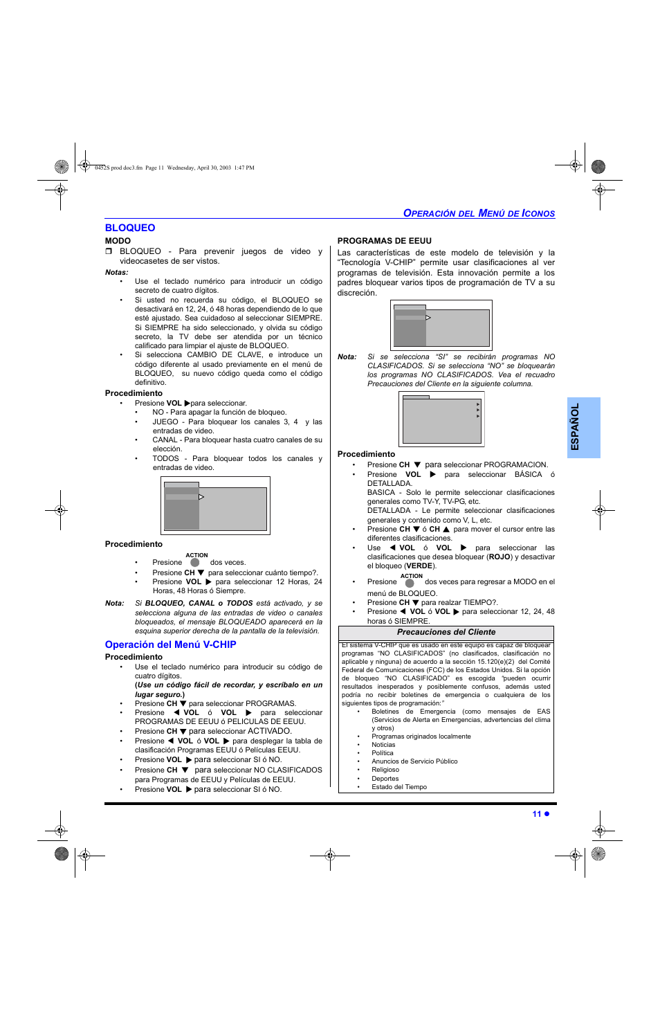 Bloqueo, Operacion del menu de v-chip, Operación del menú v-chip | Panasonic CT 20L8 User Manual | Page 29 / 57
