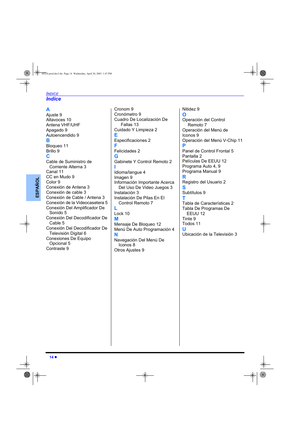 Indice | Panasonic CT 20L8 User Manual | Page 32 / 57