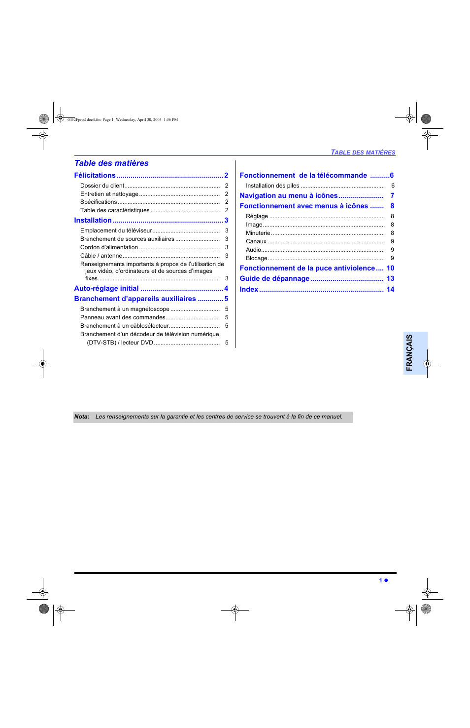 Table des matieres | Panasonic CT 20L8 User Manual | Page 35 / 57