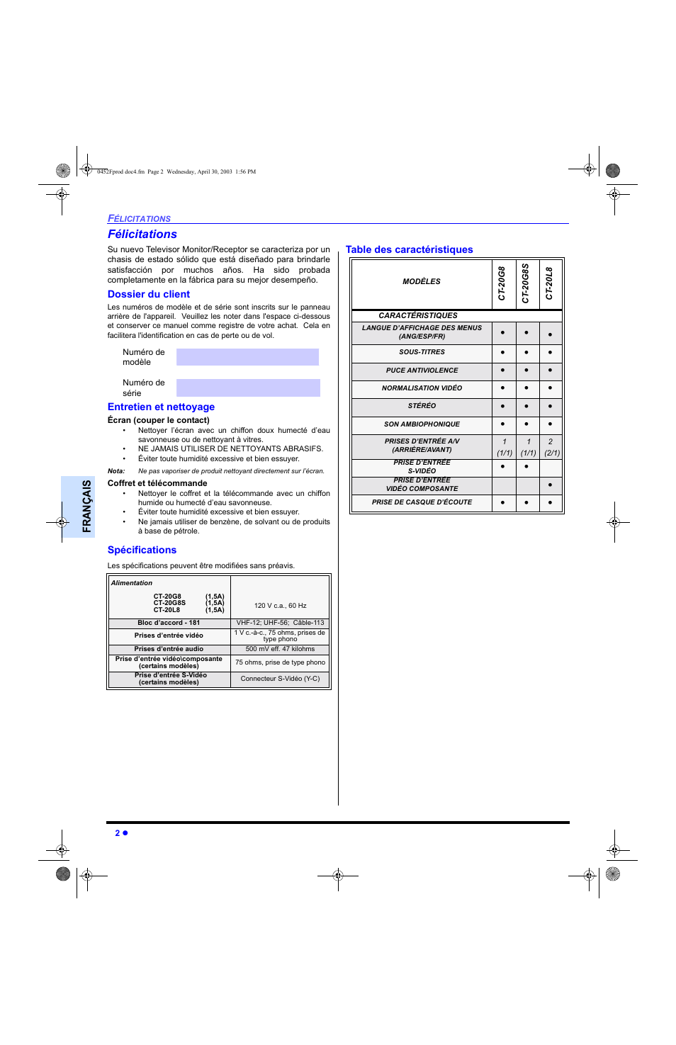 Felicitations, Dossier du client, Entretien et nettoyage | Specifications, Table des cracteristiques, Félicitations | Panasonic CT 20L8 User Manual | Page 36 / 57