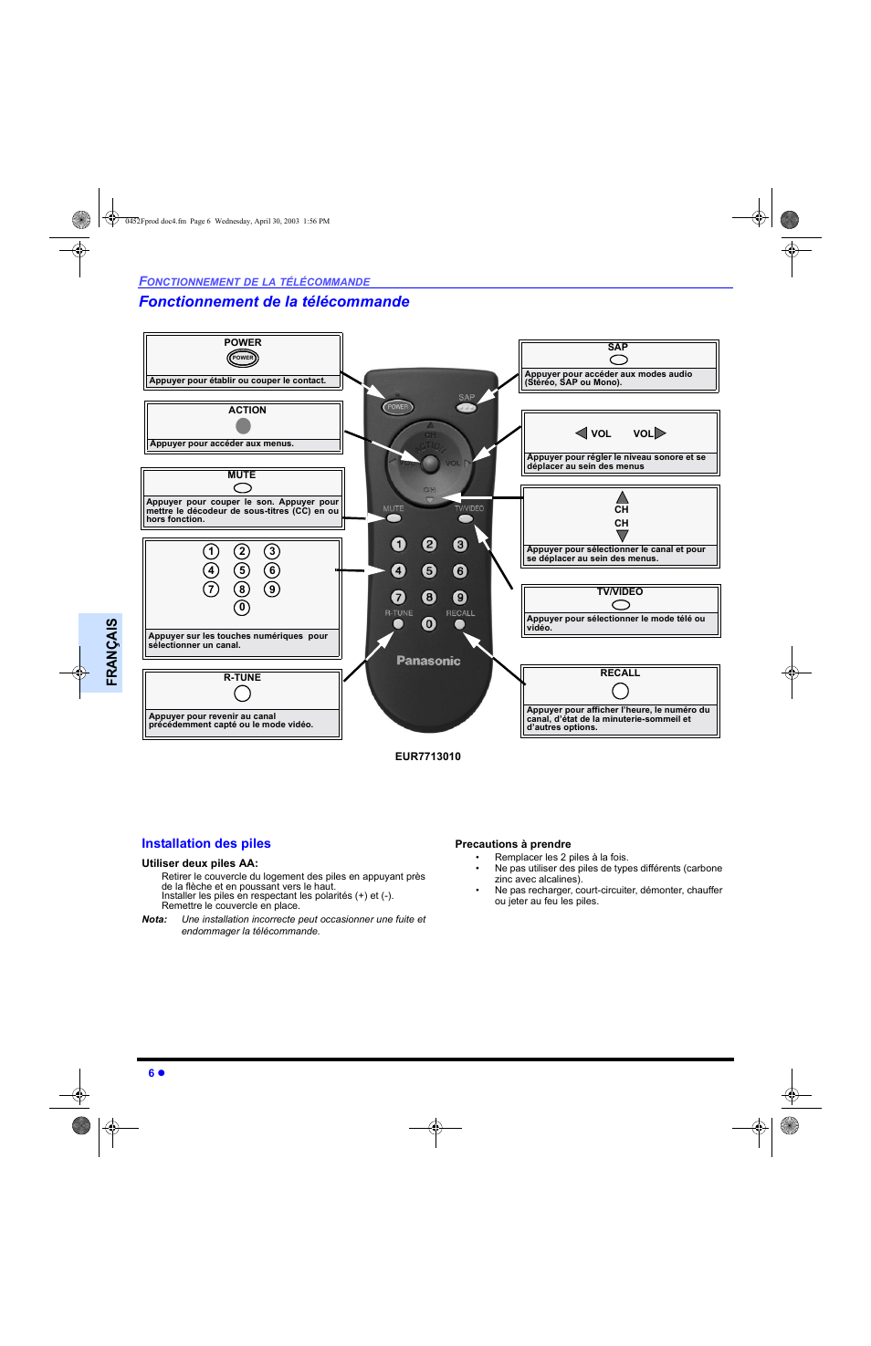 Fonctionnement de la telecommande, Installation des piles, Fonctionnement de la télécommande | Franç ai s | Panasonic CT 20L8 User Manual | Page 40 / 57