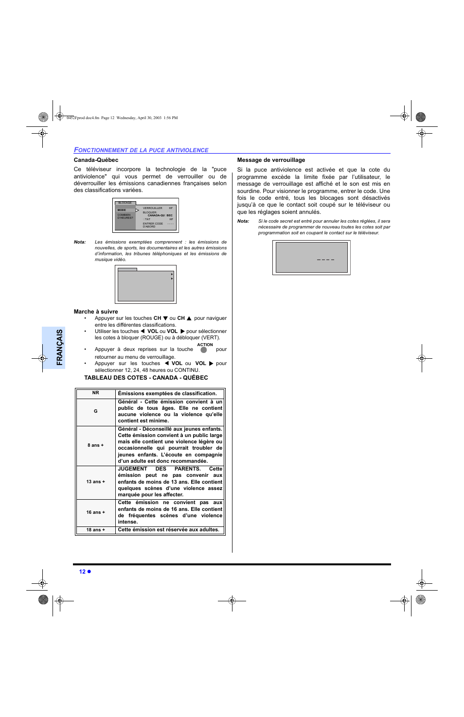 Franç ai s | Panasonic CT 20L8 User Manual | Page 46 / 57