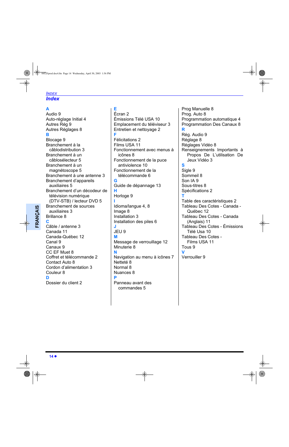 Index | Panasonic CT 20L8 User Manual | Page 48 / 57