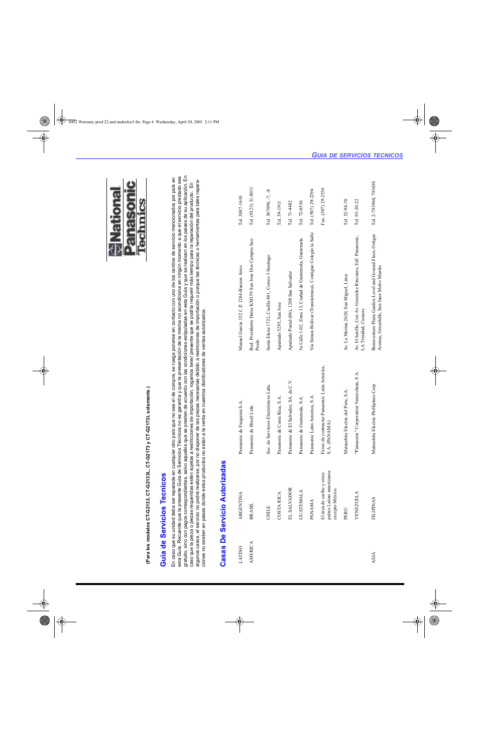 Guia de ser v ic ios t e cn icos, Ca sa s de se rv ic io a u to ri za d a s | Panasonic CT 20L8 User Manual | Page 53 / 57