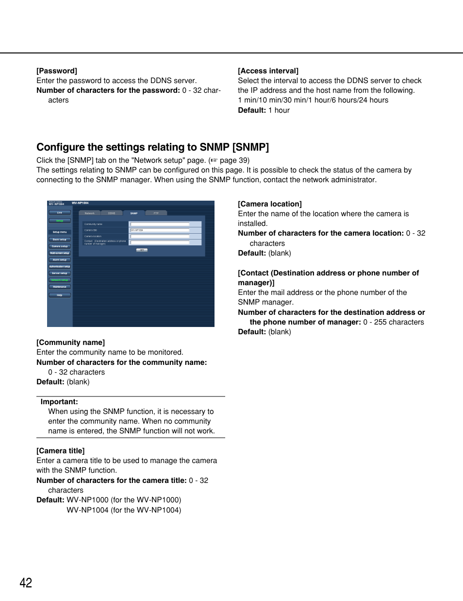 Configure the settings relating to snmp [snmp | Panasonic WV-NP1000 User Manual | Page 42 / 70