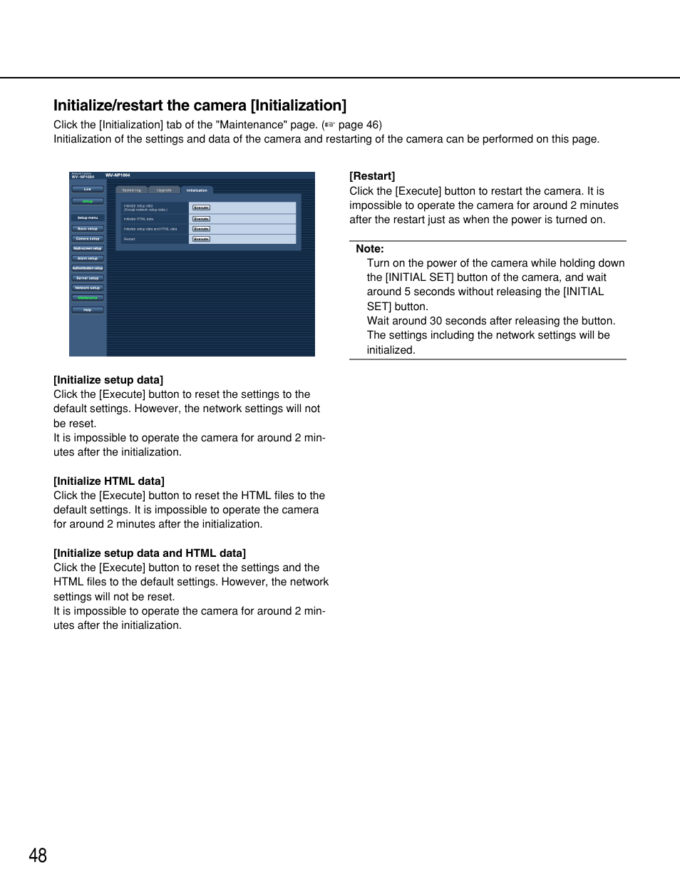 Initialize/restart the camera [initialization | Panasonic WV-NP1000 User Manual | Page 48 / 70