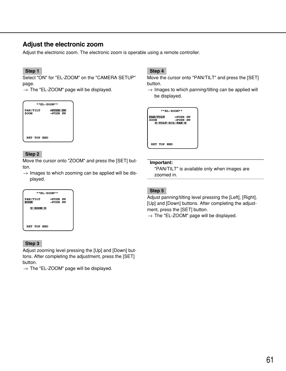 Adjust the electronic zoom | Panasonic WV-NP1000 User Manual | Page 61 / 70