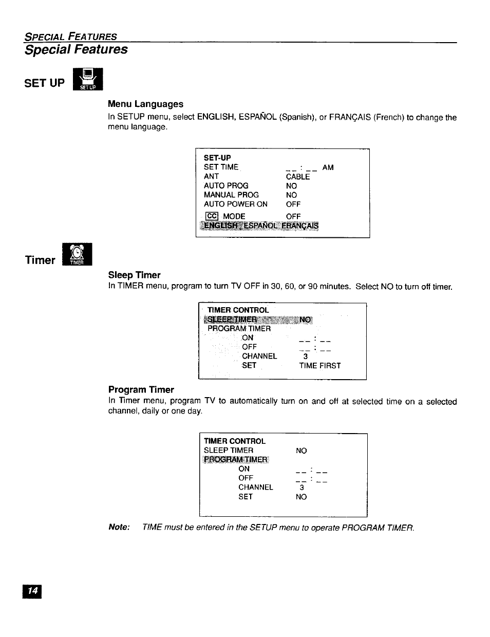 Menu languages, Sleep timer, Program timer | Special features, Setup timer | Panasonic CT-F2111X  ES User Manual | Page 15 / 19