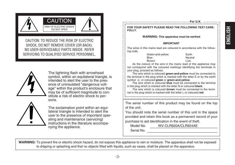 Caution, English | Panasonic WV-CLR920A User Manual | Page 3 / 50