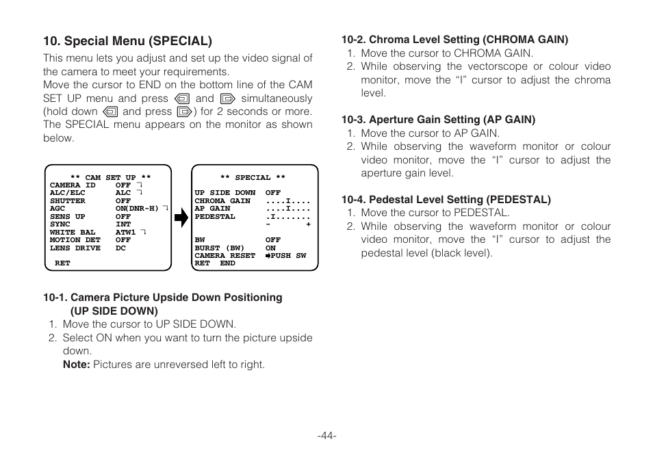 Special menu (special) | Panasonic WV-CLR920A User Manual | Page 44 / 50