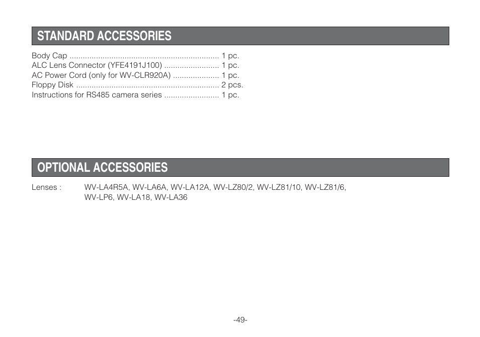 Standard accessories, Optional accessories | Panasonic WV-CLR920A User Manual | Page 49 / 50
