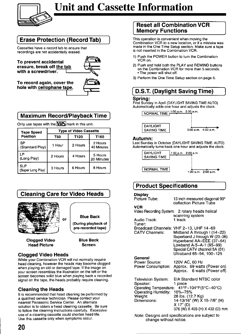 Spring, Autumn, Clogged video heads | Cleaning the heads, Unit and cassette information, Erase protection (record tab), Maximum record/piaybacktime, D.s.t. (daylight saving time) | Panasonic VCR PV-M1326 User Manual | Page 20 / 28
