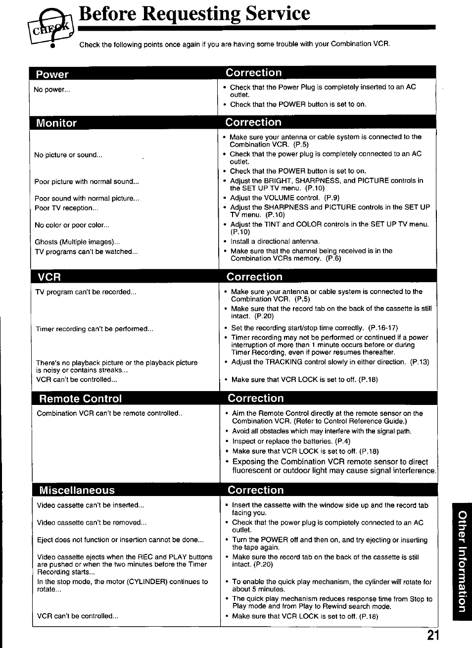 Before requesting service, Power correction, Monitor correction 1 | Vcr correction, Remote control correction, 1 miscellaneous correction | Panasonic VCR PV-M1326 User Manual | Page 21 / 28