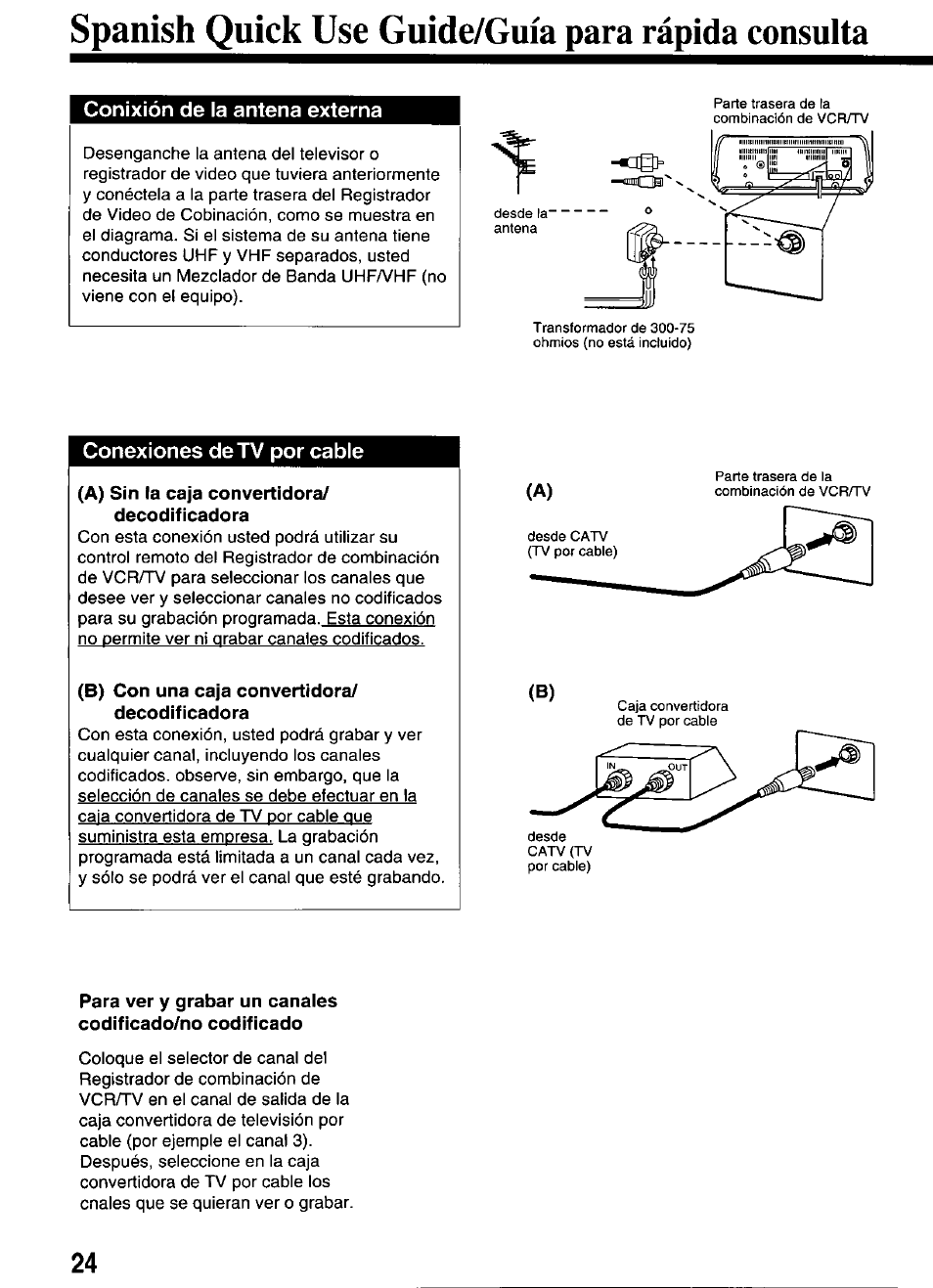 A) sin la caja convertidora/ decodificadora, B) con una caja convertidora/ decodificadora, Spanish quick use guide/guia para rápida consulta | Panasonic VCR PV-M1326 User Manual | Page 24 / 28
