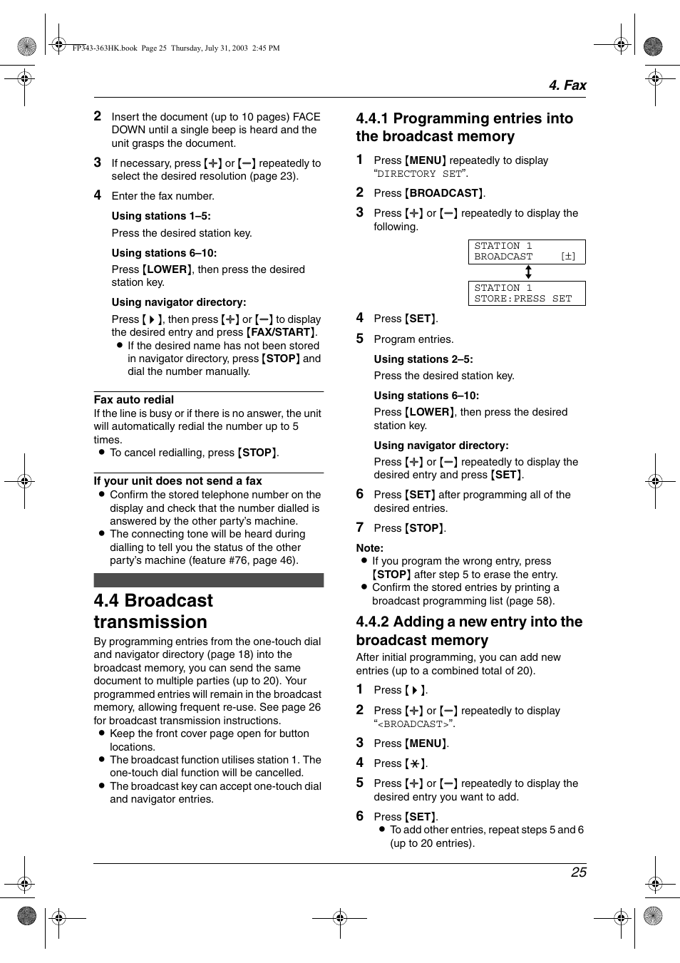 4 broadcast transmission, Broadcast transmission, 4 broadcast transmission | Panasonic KX-FP343HK User Manual | Page 27 / 66