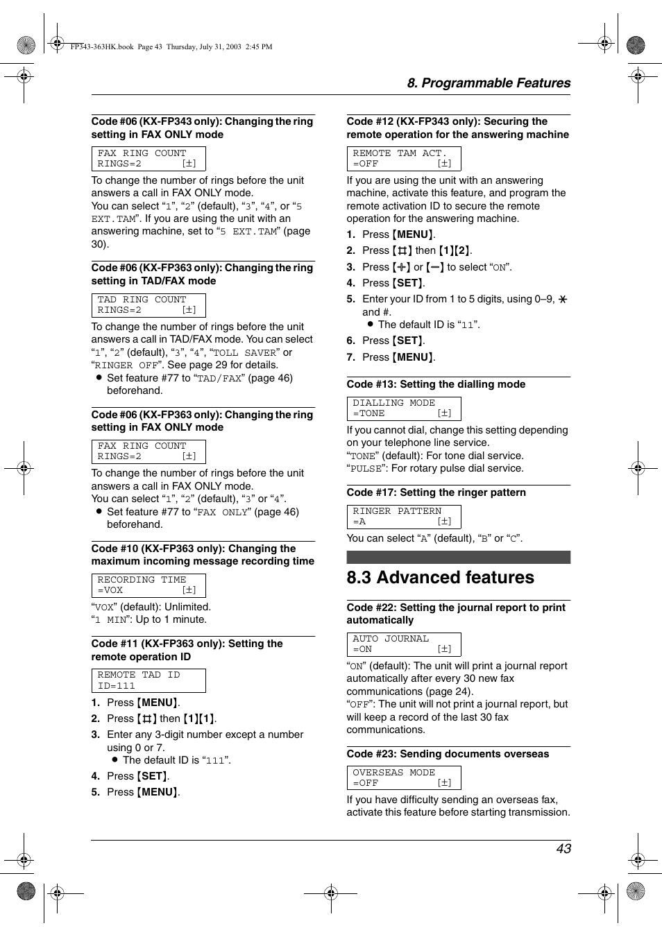 3 advanced features, Advanced features, 3 advanced features | Programmable features 43 | Panasonic KX-FP343HK User Manual | Page 45 / 66