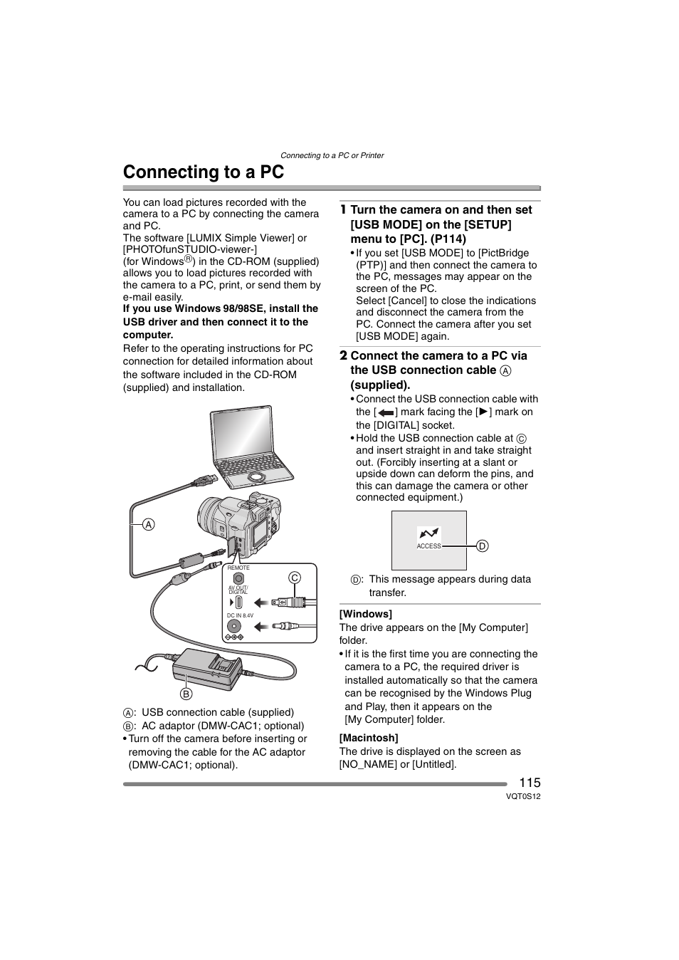 Connecting to a pc | Panasonic DMC-FZ30GN User Manual | Page 115 / 136