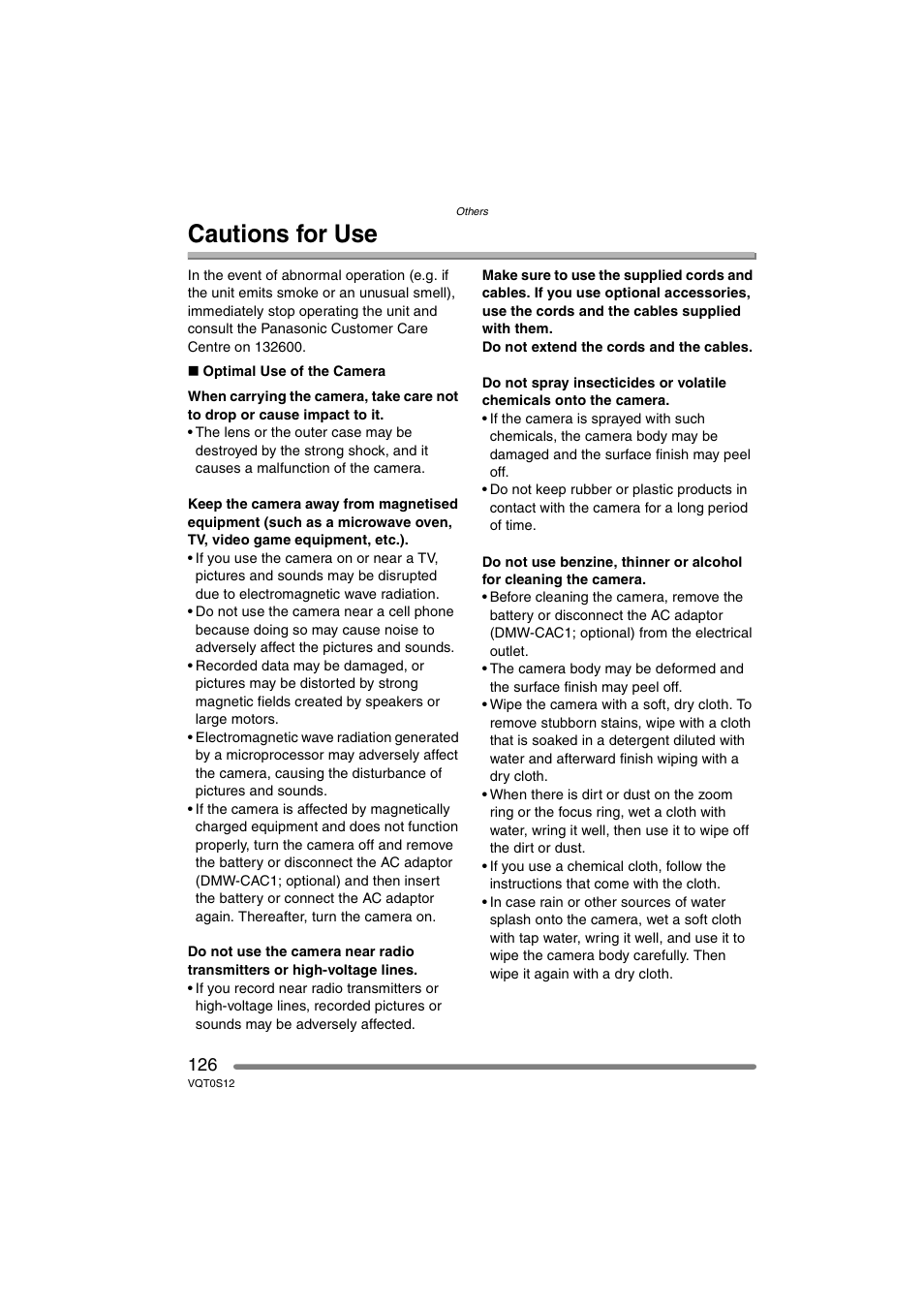 Cautions for use | Panasonic DMC-FZ30GN User Manual | Page 126 / 136
