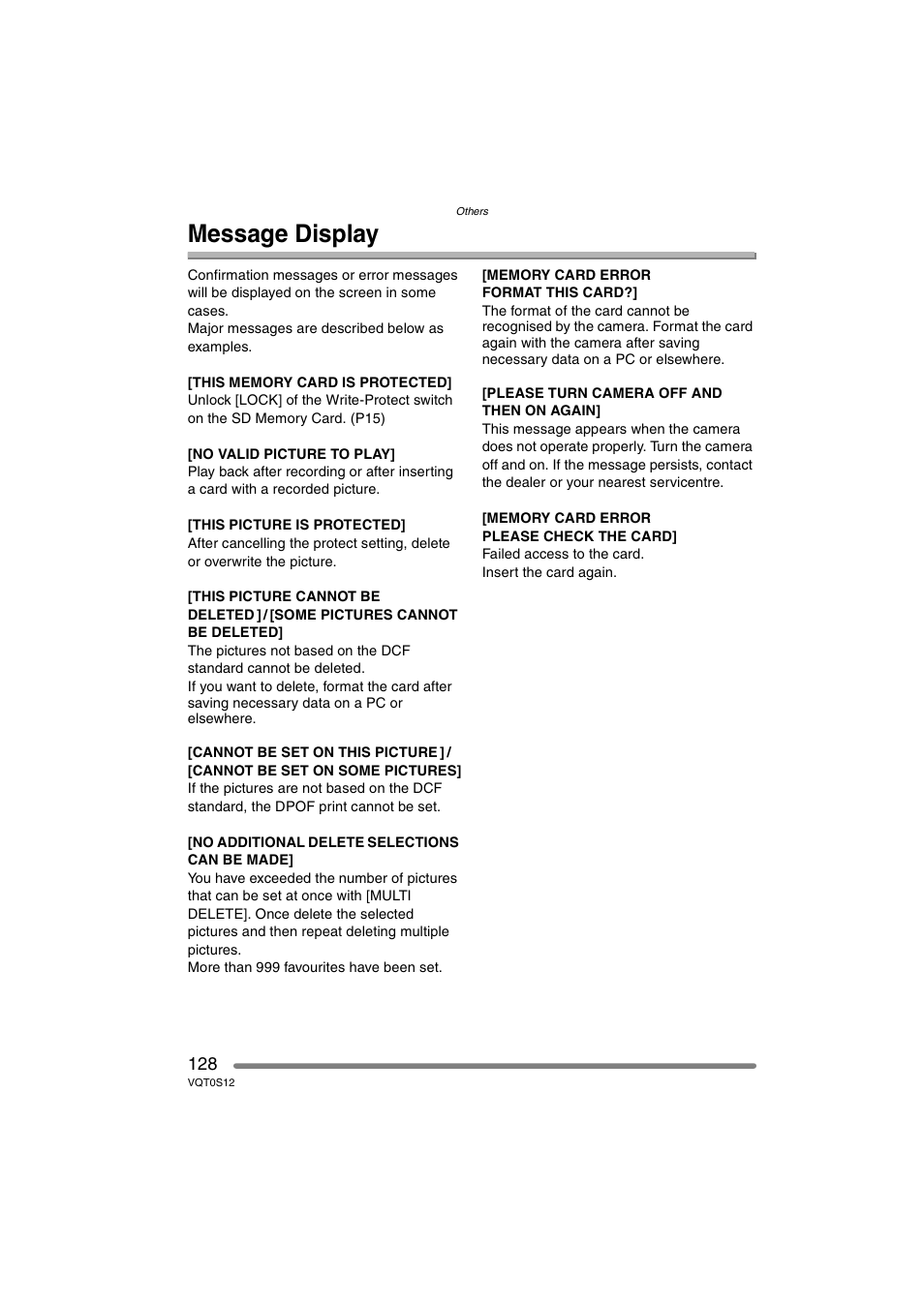 Message display | Panasonic DMC-FZ30GN User Manual | Page 128 / 136